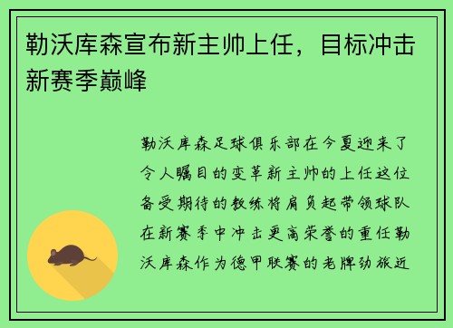 勒沃库森宣布新主帅上任，目标冲击新赛季巅峰